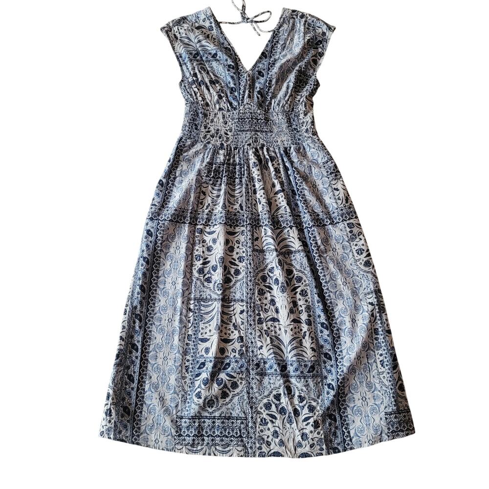 Old Navy Blue White Paisley Sleeveless Midi Dress Boho Med Pockets Deep V-Neck